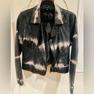 Rock & Republic Black and White Tie-Dye Vegan Leather Moto Jacket